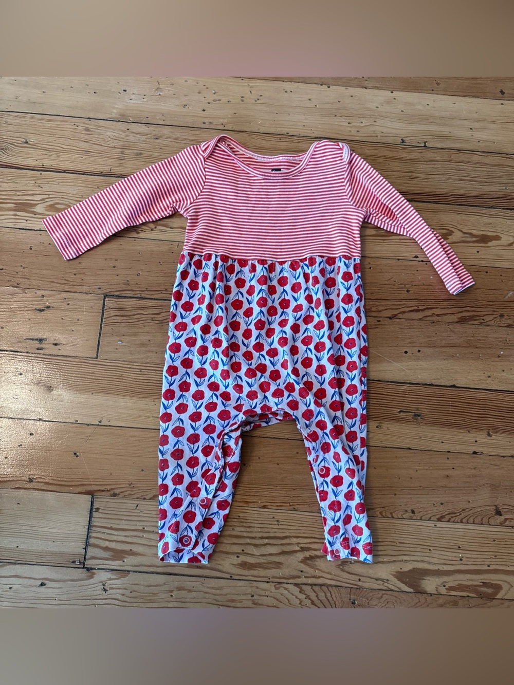 Tea Collection Blush Bloom Romper  / Longall Girl's Size 6-9 Month. Red Striped